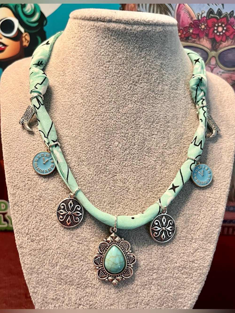 Boho Western Mint Green Turquoise Pendant Necklace - Boho Silver Charm Necklace